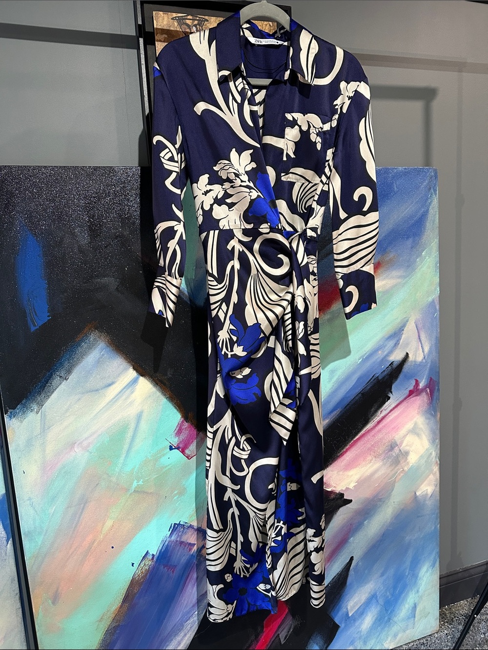 Zara Navy, White & Blue Floral Wrap Maxi Dress